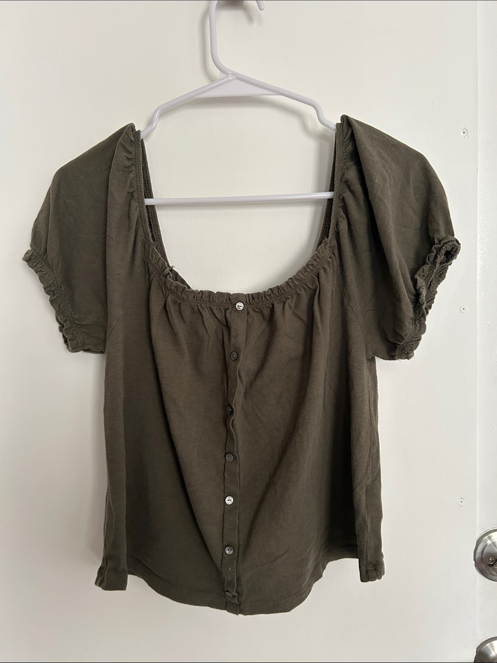 American Eagle Outfitters Olive Scoop-Neck Button Blouse